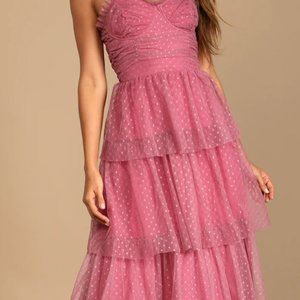 Lulus Mauve Polka Dot Bustier Tiered Midi Dress